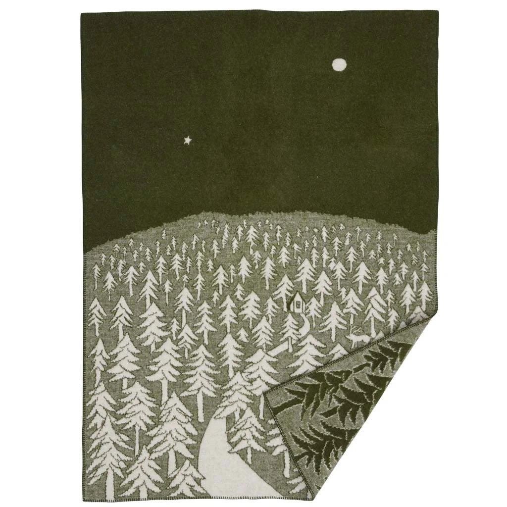 Wolldecke House in the Forest – Waldmotiv in Grün, 100% Wolle, Klippan Yllefabrik Schweden 130x200cm