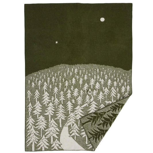 Wolldecke House in the Forest – Waldmotiv in Grün, 100% Wolle, Klippan Yllefabrik Schweden 130x200cm