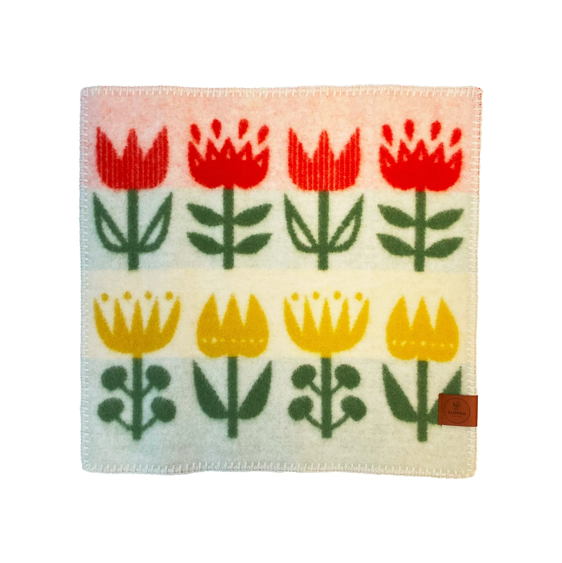 Woll-Sitzunterlage Tulip Yellow Red – buntes Tulpenmuster, 100% Lammwolle, Klippan Yllefabrik Schweden